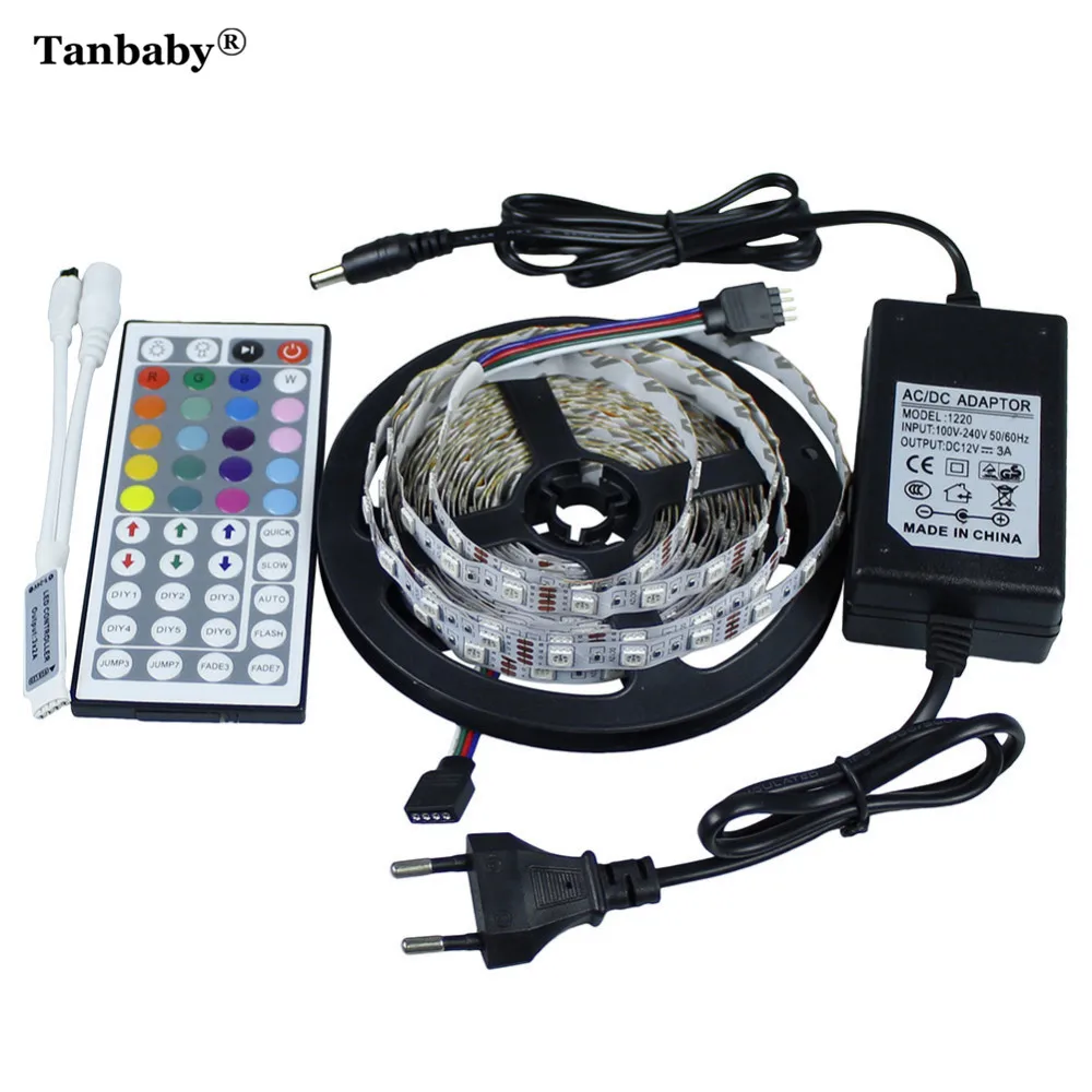 Tanbaby SMD 5050 светодиодные ленты свет 5 м светодио дный 300 DC 12 В в + 44Key контроллер RGB (для RGB полосы) + 12 В 3A адаптеры питания ЕС США Plug коснитесь