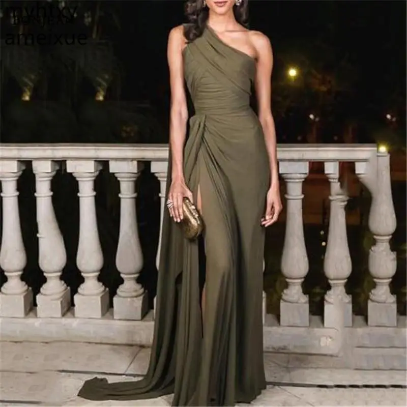 

2019 Simple Evening Dresses A-line Floor Length One Shoulder Side Split Cheap Sexy Evening Gowns Custom Made Vestido De Noche