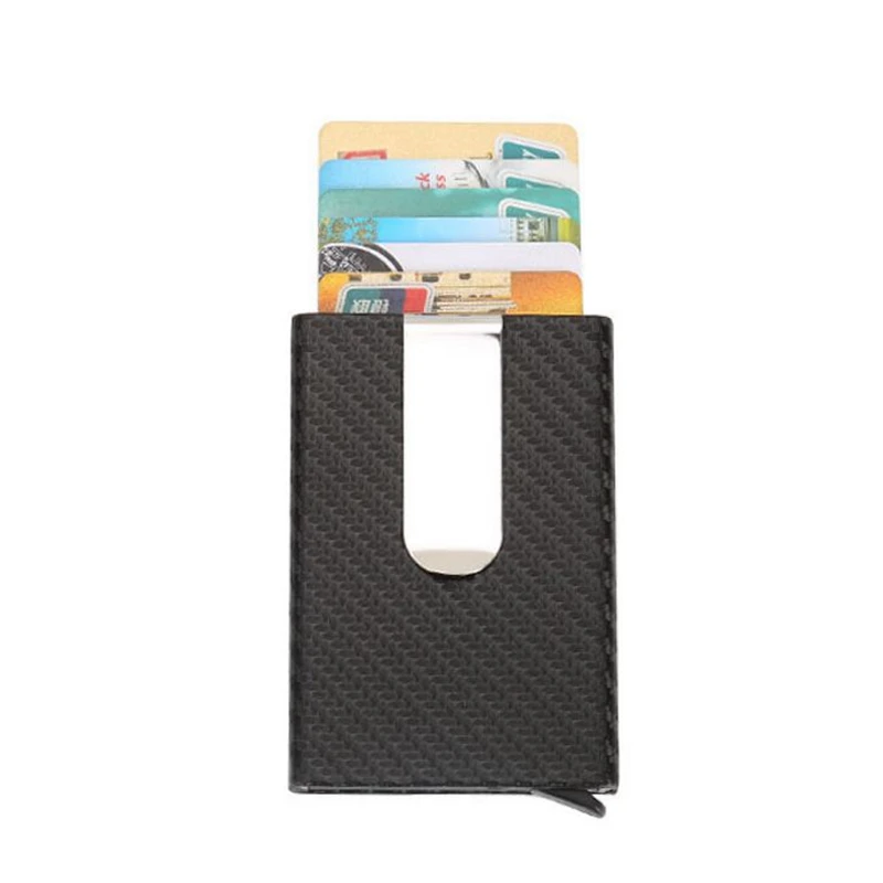 

2019 Hot Sale Business Aluminum RFID Wallet Automatic Slide Card Case Carbon Fiber PU Leather Metal ID Credit Card Holder Clip