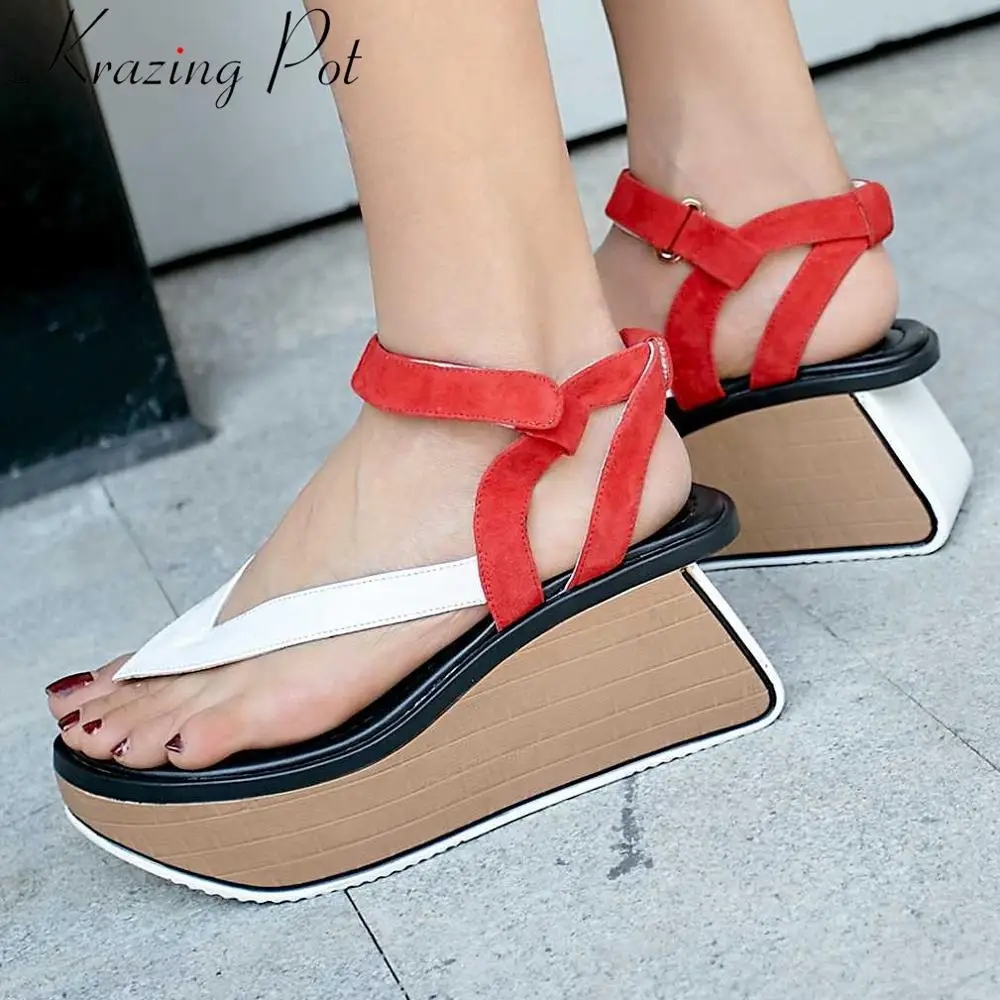 

Krazing pot retro style genuine leather summer shallow hook&loop superstar European gladiator mixed color high heels sandals L07