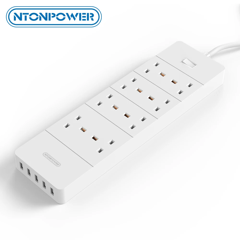 

NTONPOWER Office Home UK Plug USB Power Strip 8 AC 3250W with 4 Ports 8A USB Charger 1.8M Power Cord White Color