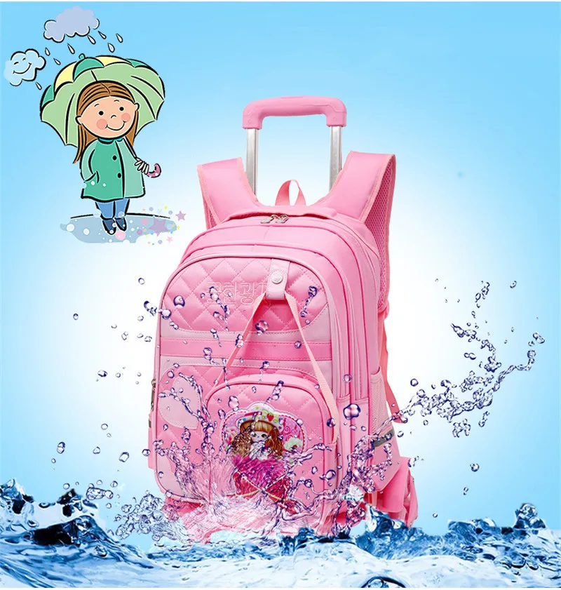 С мультипликационным принтом 2 шт. комплект школьные рюкзаки 6 колес детские школьные рюкзаки для девочек, водонепрониаемых сумок милый детский рюкзак на колесах Для Путешествий Рюкзак