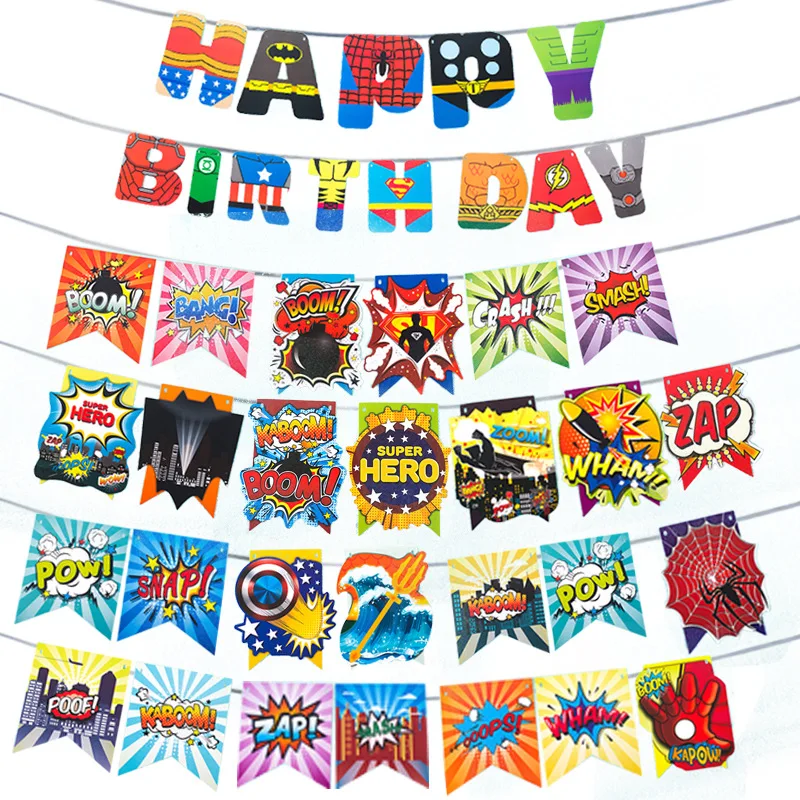

Newly arrived Lovely Racing car birthday party Pennant Cartoon hero paper flag Spider banner for Happy birthday party supplies