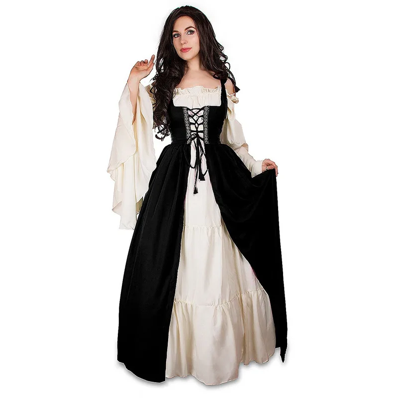 

Medieval Renaissance Vintage Dress Women Costume Square Collar Bundled Corset Dress Flare Sleeve Girls Party Vestidos