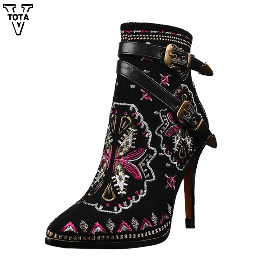 Genuino Retro Botas Hebilla Casual Tobillo Zapatos Punta Cuero Mujer Vaca Super Toe Vtota Tacones Mujeres Negro De Invierno wtAqIK06