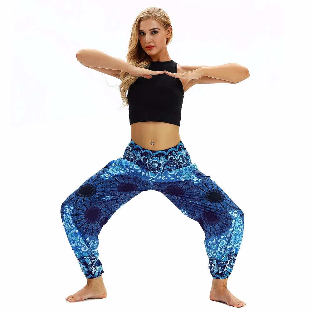 JIGERJOGER, винтажные синие Леггинсы для йоги, штаны для отдыха, шаровары в тайском стиле, свободные штаны, пляжная одежда, штаны для фитнеса
