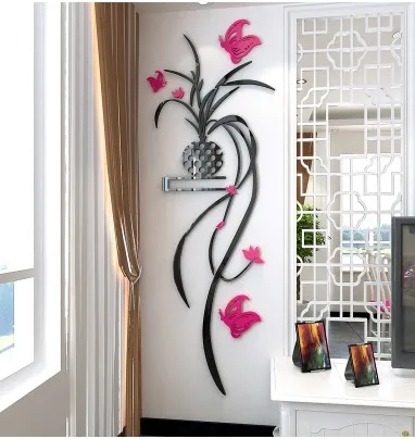 Подвесная Орхидея 3d Хрустальная акриловая самоклеящаяся наклейка на стену для гостиной, дивана, коридора, двери, телевизора, фоновые настенные украшения для крыльца - Цвет: rose red right