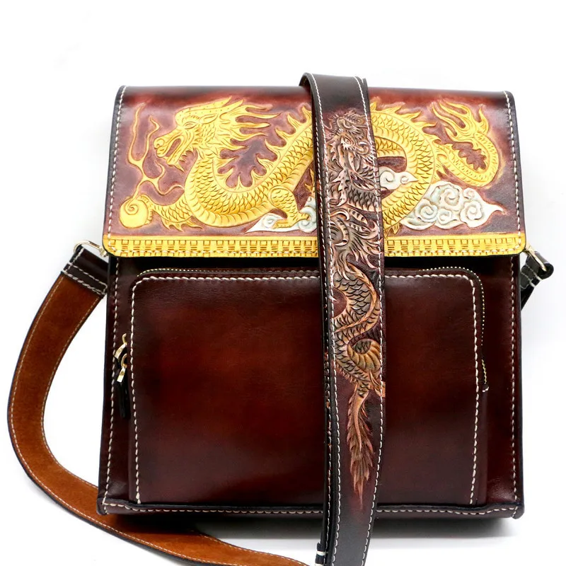 

Men Vegetable Tanned Leather Shoulder Bag Money Holder Cowhide Hand-carved Chinese Dragon Clutch Purse Clutches Envelope Gifts