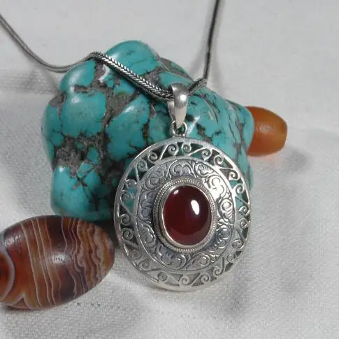 

Handcrafted 925 Silver Nepalese Good Luck Symbol Pendant Necklace Tibetan Red Stone Pendant Necklace Bohemia Jewelry