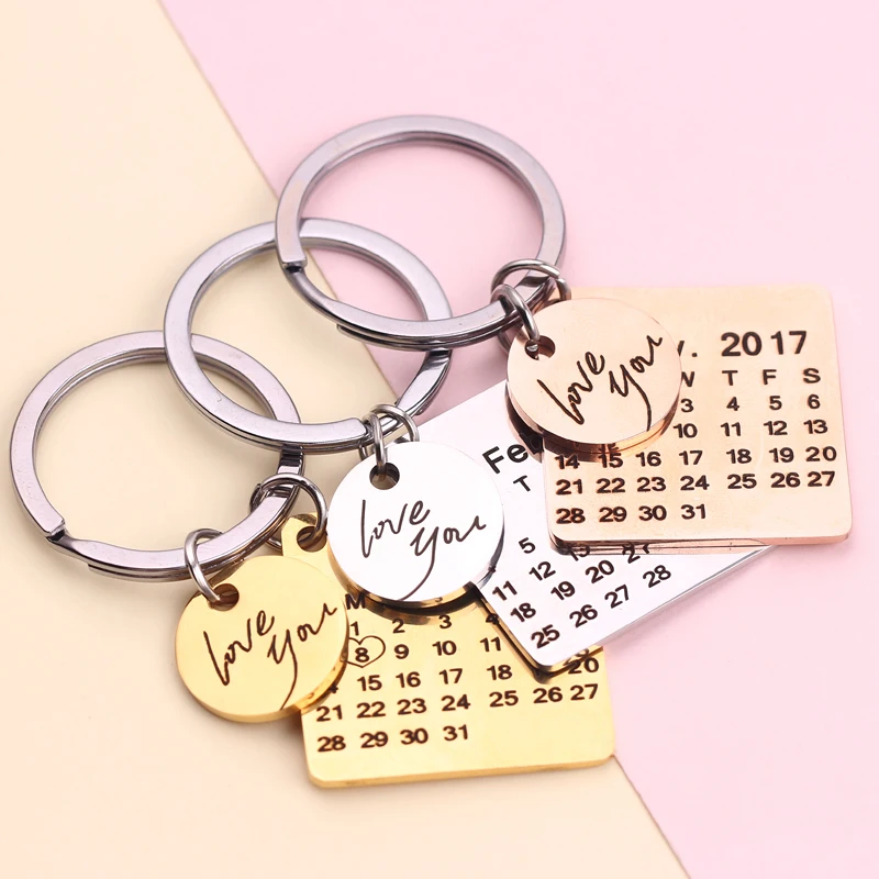 

Personalized Calendar Keychain Hand Carved Calendar Highlighted with Heart Date Keyring Stainless Steel Private Custom Brelok