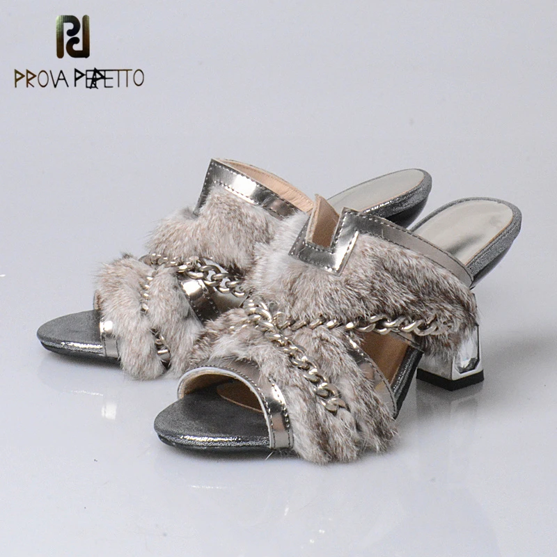 

Prova Perfetto 2018 New Style Summer with Pearl Mink Fur Slippers High Heels with Metal Chain Peep Toe Fashionable Slippers