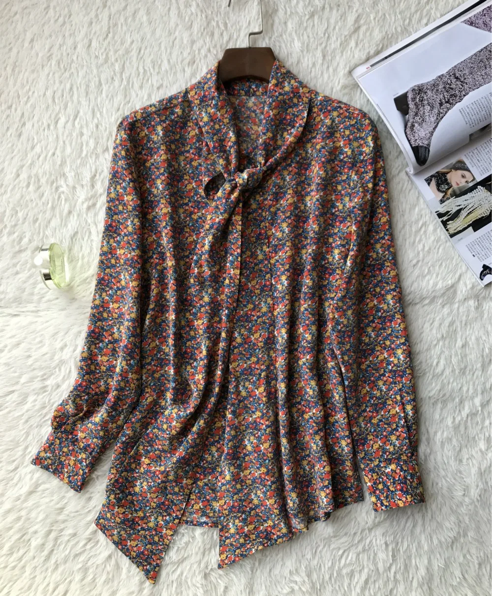 

Women Floral Print Silk Blouse Long Sleeve Colorful Bow Neck Office Lady Shirt Top