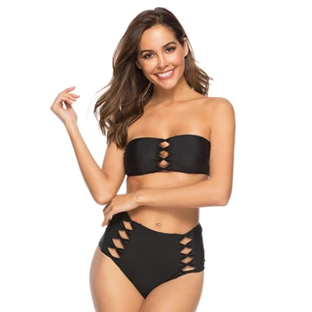 

Bikini Set 2019 Bathing Suit Women High Waist Swimsuit Black Bandeau Sexy Swimwear Hollow Swimming Suit For Women May Female