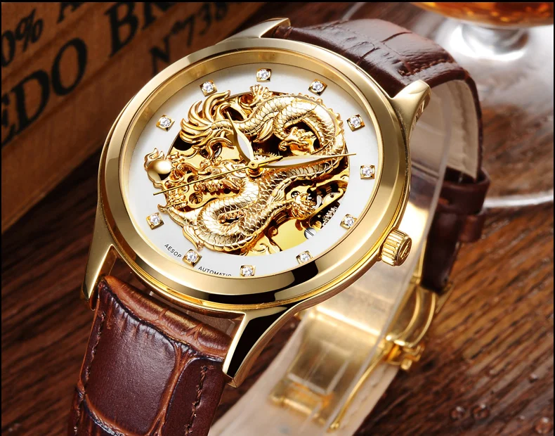 AESOP gold  watch men skeleton Stainless steel Automatic mechanical Sapphire brown leather waterproof  watch relogio masculino