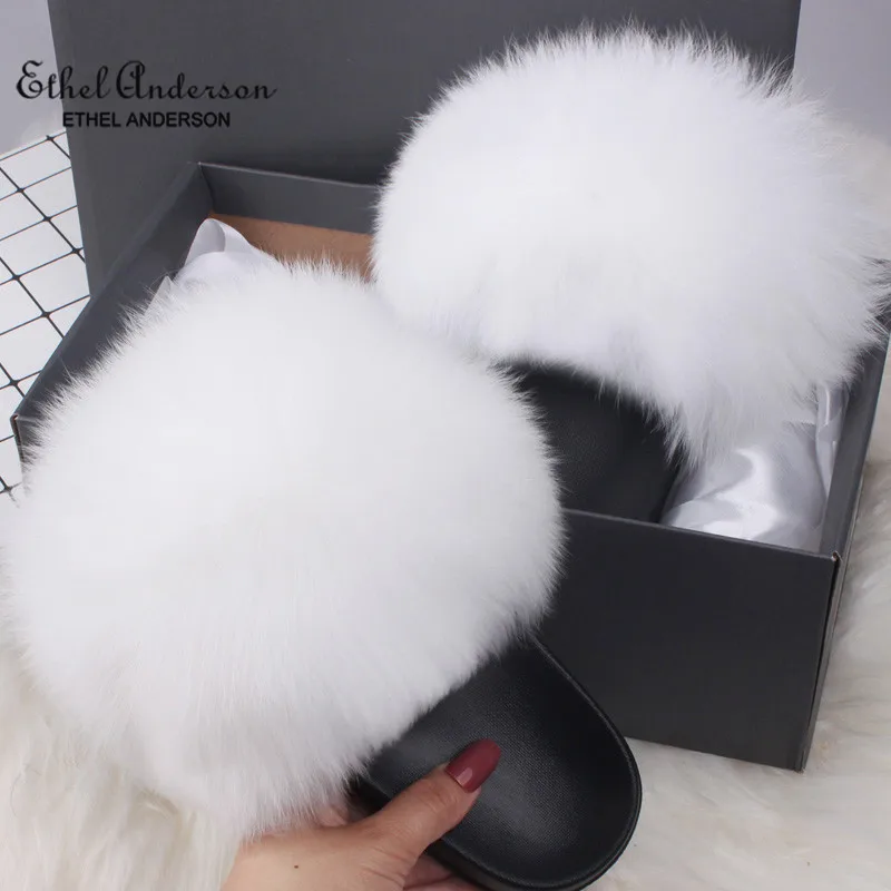 Ethel Anderson Women's Furry Slippers Popular Real Fox Hair Casual Slides Plus Fur Summer Sandals