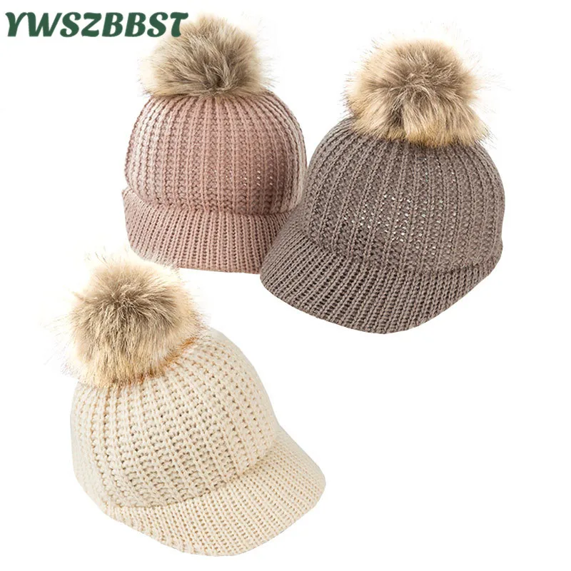 

Crochet Children Baseball Hat with Fur Ball Autumn Winter Girls Hat Warm Baby Hat Knit Kids Cap Beanies Women Hat Men Cap