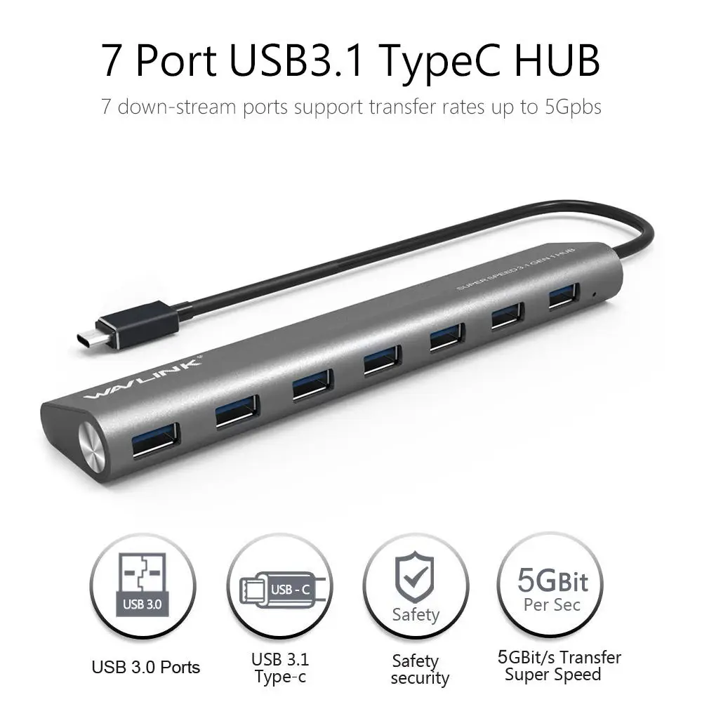 Цена Wavlink font b USB b font 3,1 Тип C кабель Алюминий до 7 Порты и разъёмы font b USB b font 3,0 ( font b USB b font 3,1 Gen 1) Данные font b USB b font хаб для портативных ПК компьютер с четырехъядерным процессором 5V 4A ...