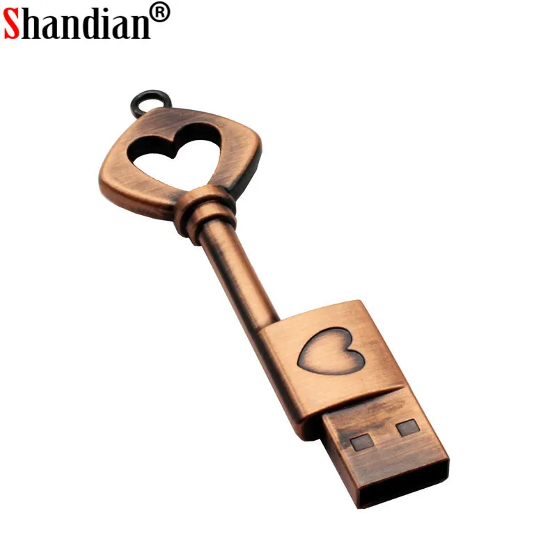 SHANDIAN медный ключ в форме сердца usb флеш-накопитель 4 ГБ 16 ГБ 32 ГБ 64 Гб металлические ключи карта памяти свадебный подарок