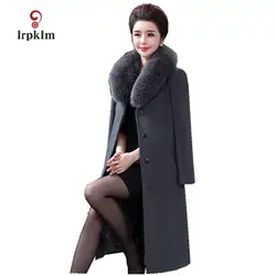 Новинка 2017 года Для женщин зимние длинные шерстяные куртки натуральным лисьим меховой воротник большой Размеры 6XL пальто дамы тонкий