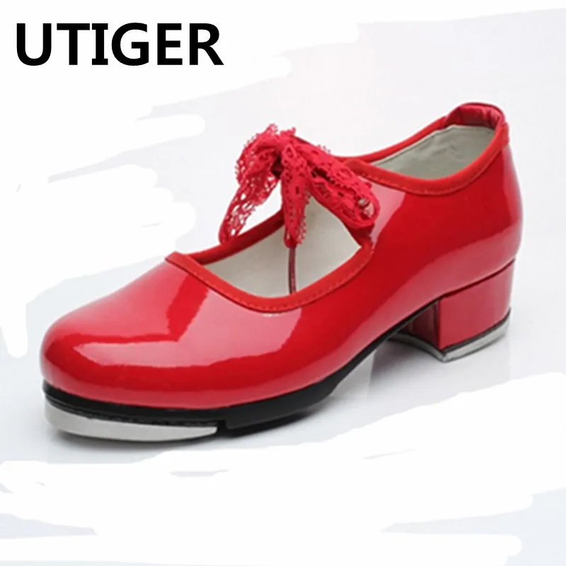 Women Girls Tap Dance Shoes Shiny Patent PU Leather Laced Black White