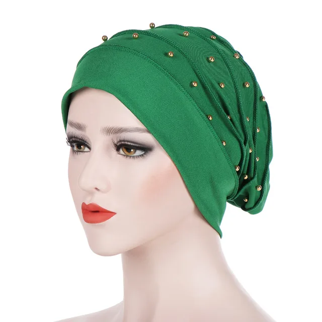 Muslim Women Stretch Cotton Ruffle Bead Turban Hat chemotherapy Chemo Beanies Caps Headwrap Hair Loss For Cancer Accessories Dark Green