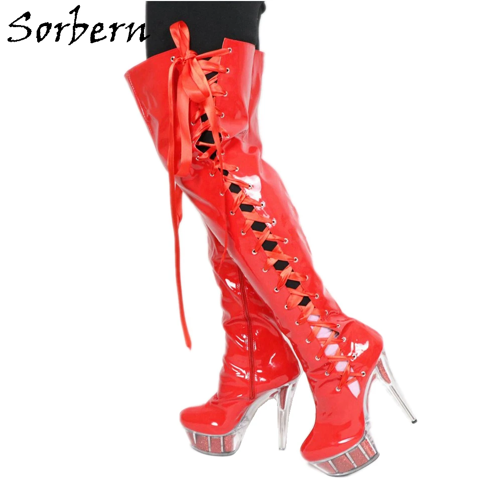 

Sorbern 15cm Over Knee Length Boots For Women Lace Up Clear Heels Botas Mujer Red Patent Leather 2019 New Boot For Womens