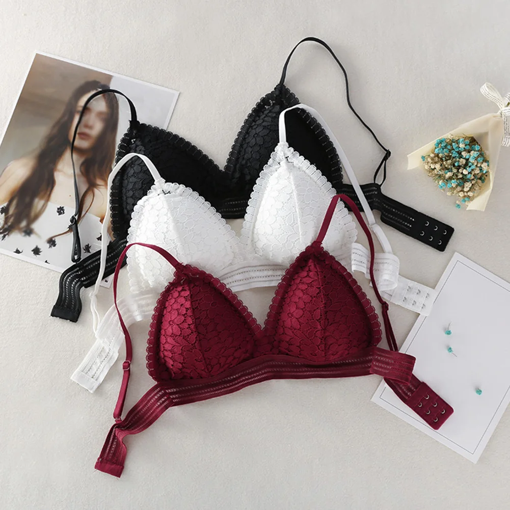 

Lingerie Top Deep V Solid Women Bra Lightweight Soft Back Clasp Lace Thin Breathable French Style Frameless Adjustable Strap