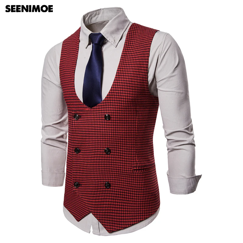 Seenimoe Mens Stripe Plaid Formal Blazer Vests Casual Double Breasted O