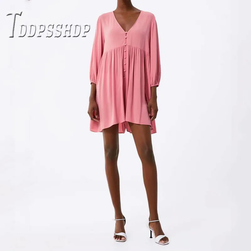 

Pleated Button Decor Women Dress V Neck Watermelon Red Female Dresses