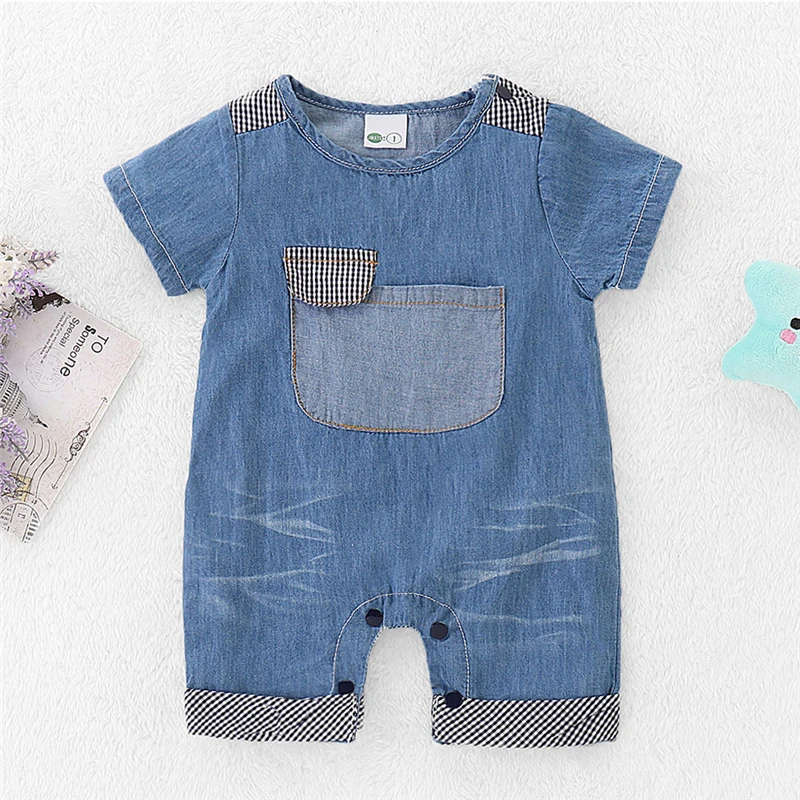 2019 Summer Short Sleeve Round Neck Blue Pocket Denim Jumpsuit Outfits Clothes Playsuit Toddler Newborn Kids Baby Boy Romper |