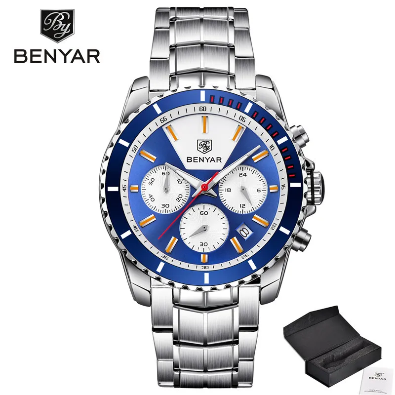 BENYAR Мужские часы деловые мужские часы лучший бренд класса люкс Хронограф/Спорт/кварц/наручные для мужчин Relogio Masculino - Цвет: BY-5128 Blue