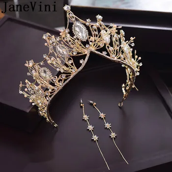 

JaneVini Luxury Gold Crystal bride headband Baroque Hair Jewelry Earrings Bridal Wedding Tiaras Crowns Bruid Haar Accessoires
