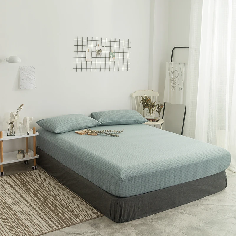 

Bed Sheet With Pillowcase Fog Blue Small Plaid Pattern 3Pcs Bedding Set Bed Linen Queen Size Mattress Covers Fitted Sheet Sets