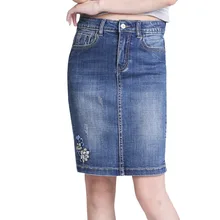 Женская джинсовая юбка Корейская Вышивка Стиль эластичная джинсовая юбка средняя талия джинсы обёрточная бедра юбка