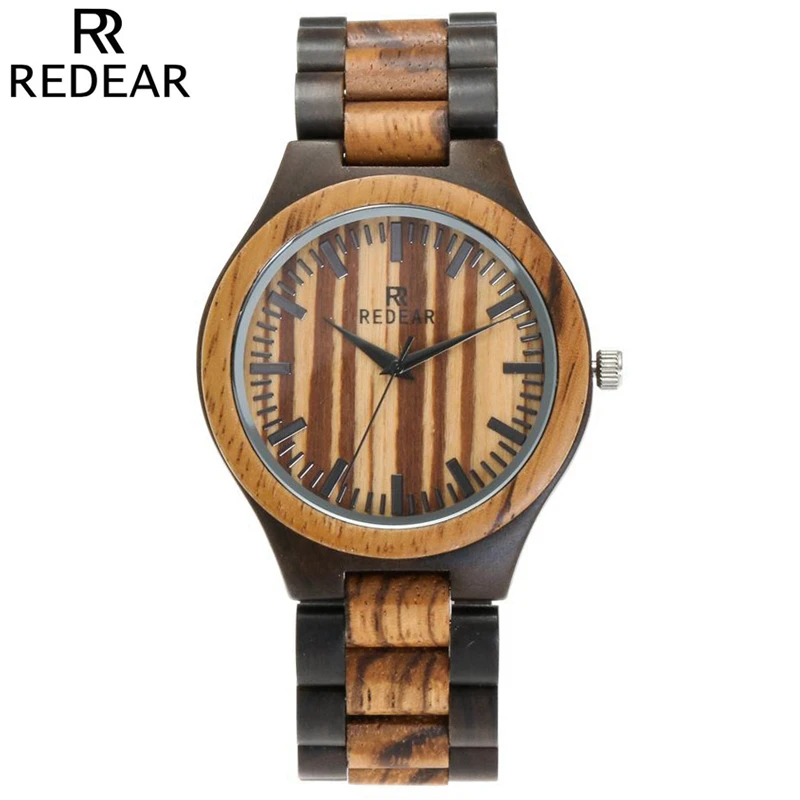 

REDEAR Men's Quartz Watches Casual Analog Black Sandalwood Zebra Wood Watch Natural Wooded Wristwatch Clock with Original box