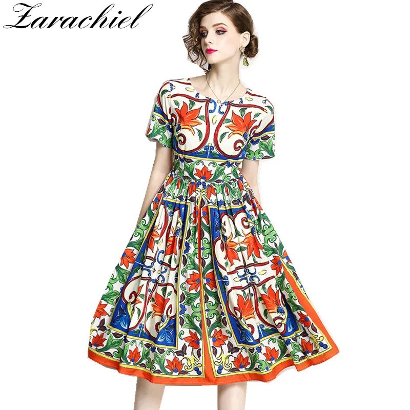 

2019 Summer Women Runway Designer Luxury Printed Short Sleeve Ball Gown Chiffon Dress Elegant Party Knee Length Big Swing Dress