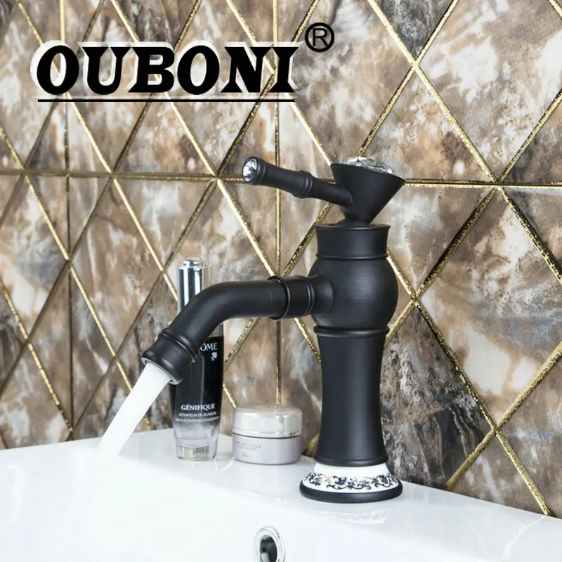 

OUBONI Short Kitchen Torneira Diamond Handle Swivel 360 Spray Spout Oil Rubbed Black Bronze Basin Sink Lavatory Tap Mixer Faucet