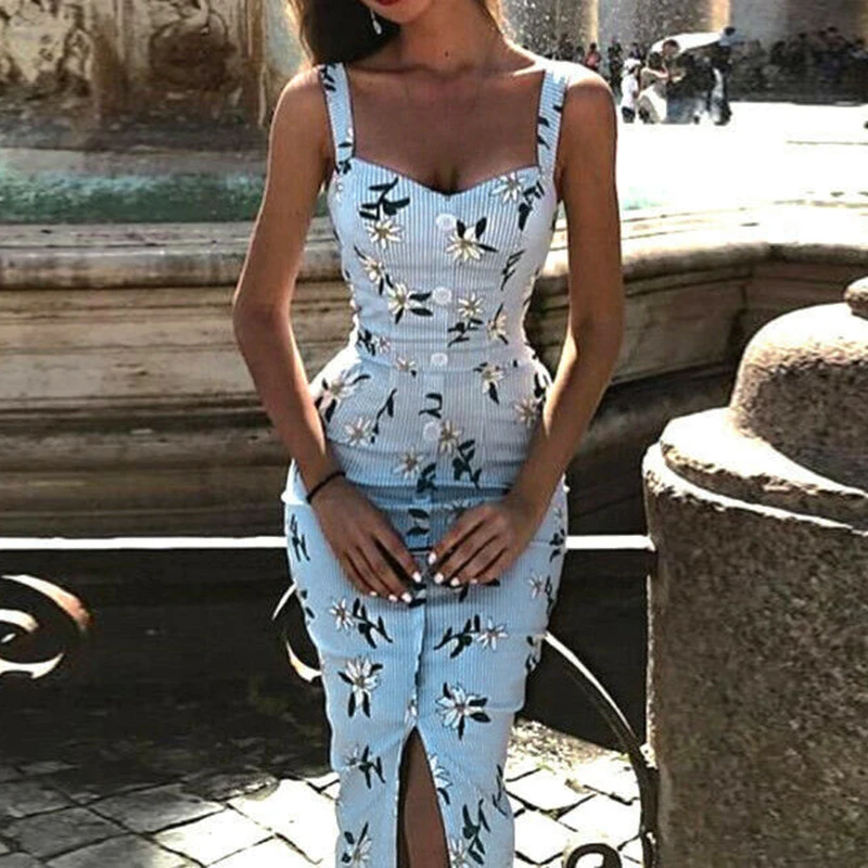 

Women Dress Ladies Beach Summer Maxi Stylish Cocktail Bodycon Vintage Clothing Slim Fit Sleeveless Button Down