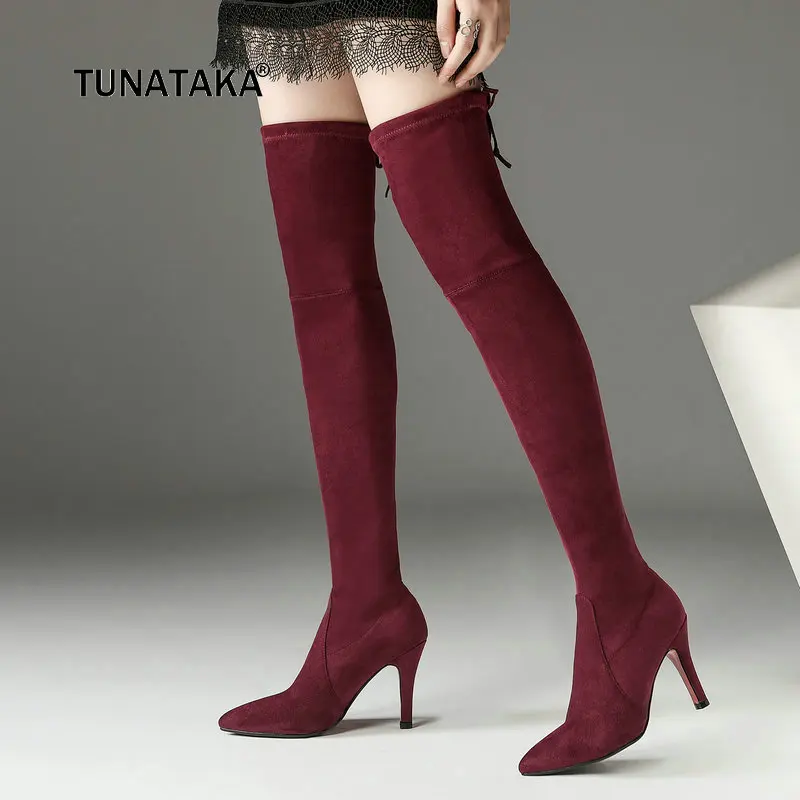

Ladies Suede Lace Up Thin High Heel Over the Knee Boots Fashion Pointed Toe Slip On Women Warm Winter Stretch Thigh Boots Black