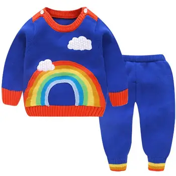 

2019 Autumn Winter Baby Shoulder Buckle Clothes Sets Toddler Rainbow Design Coat + Pant 2pcs Infant Cotton Knitted Sweaters W118