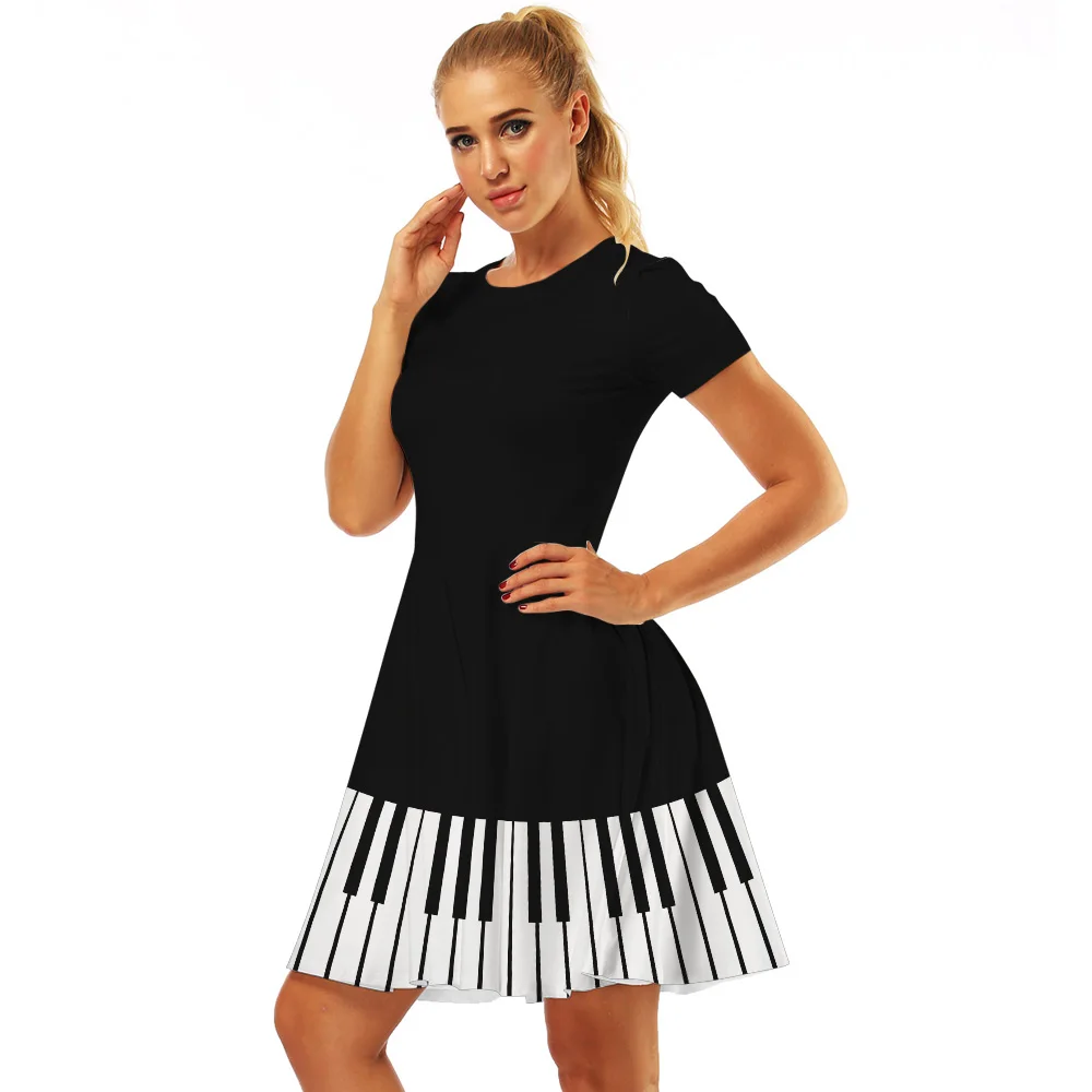 Новое модное летнее женское платье, смешное Белое и черное мини-платье с принтом пианино, платья для отдыха размера плюс