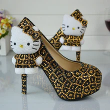 Leopard Gold und Schwarz Strass Hochzeit Schuhe mit Hallo Kitty Brautkleid Schuhe Plattform Partei Prom Schuhe Plus Größe 11