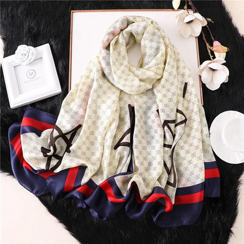 

2019 New Style Silk Scarf Women Summer Fashion Long Scarves Women Striped Pentagram Print Shawls for Ladies Fouland Hijab Wraps