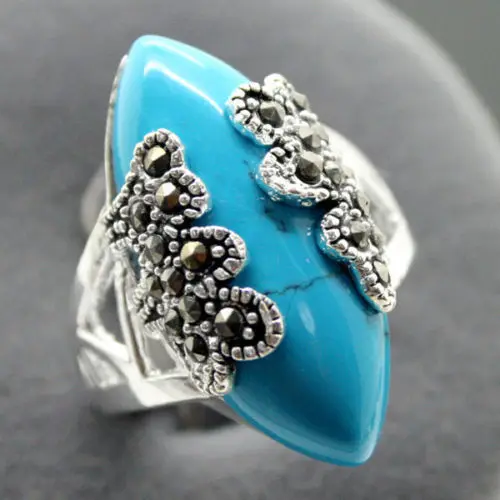 

wholesale Rare Vintage Style Blue Natural Turquoise & Marcasite 925 Silver Ring Size 7.8.9.10