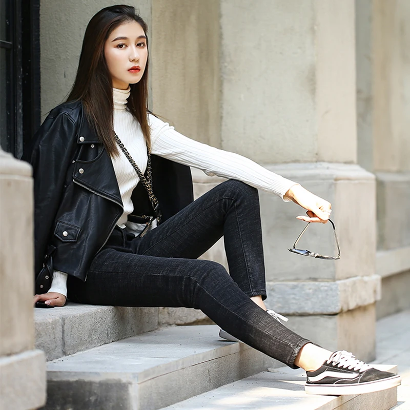 

Brief Relate Black Jeans Woman Fluff Full-length Pants Mid-waist Comfortable Elastic All-match Metal Button Denim Pants