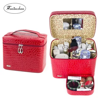 

Hot Sale High Capacity Jewelry Box With Mirror Women's Gift Travel Makeup Casket Portable Crocodile Pattern Storage Casket