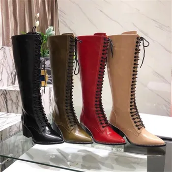

Sexy Lace Up Long Women Boots Ladies Shoes Square Heels Motorcycle Martin Boots Knee High Botas Mujer Brand Thigh High Boots
