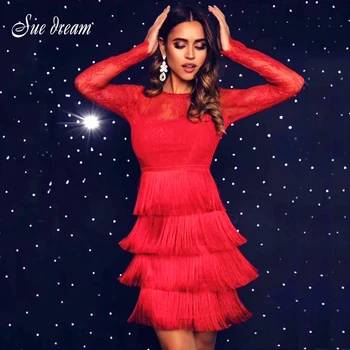 

2019 new women's long-sleeved round neck red black lace dress high quality tassel Bodycon sexy party dress dress women's dress