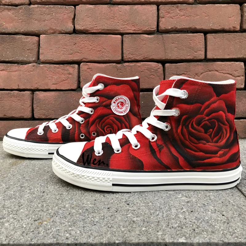 US $52.0 20% OFF|Wen Original Design Kunden Schuhe Hand Gemalt Turnschuhe Rose Alle Rote Blume frauen High Top Canvas Sneakers für Geschenke in Wen DamenHerren Pokemon Converse Painted Schuhe High Top