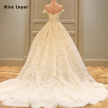 

HIRE LNYER Custom Made Off The Shoulder Short Sleeve Beading Appliques Lace Flowers Princess Ball Gown Wedding Dresses Plus Size